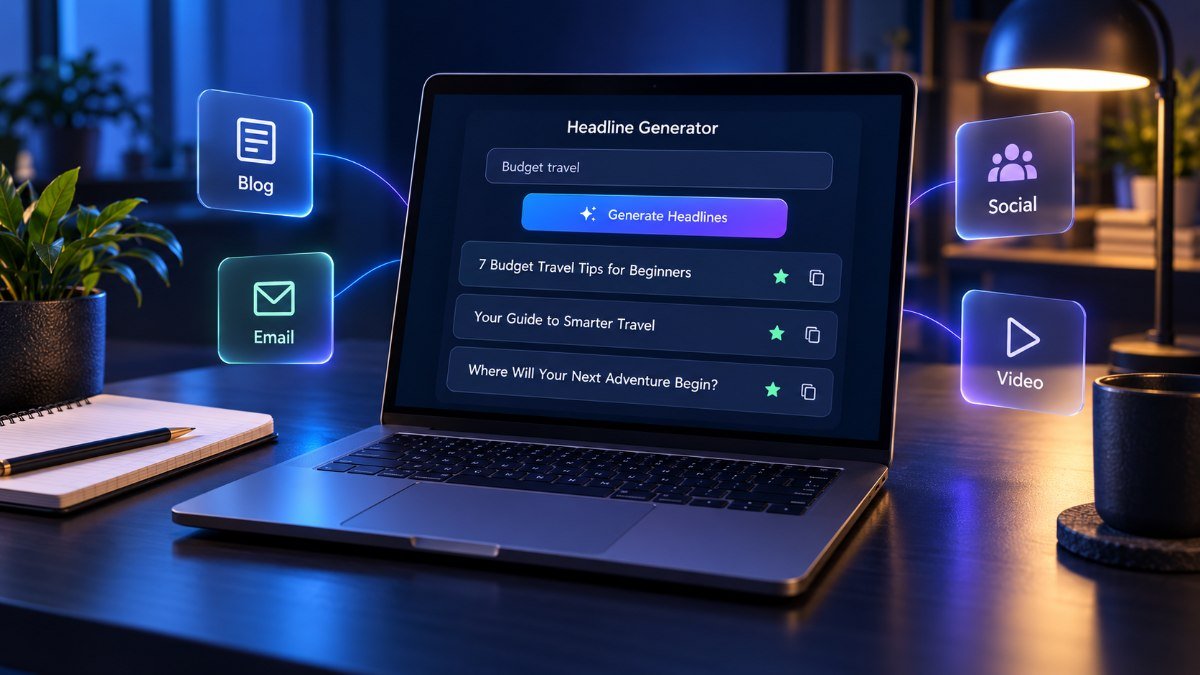 Laptop displaying headline ideas for blogs, emails, social posts and videos.
