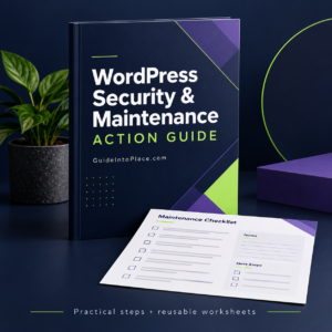 WordPress Security & Maintenance Action Guide digital PDF cover and worksheet mockup